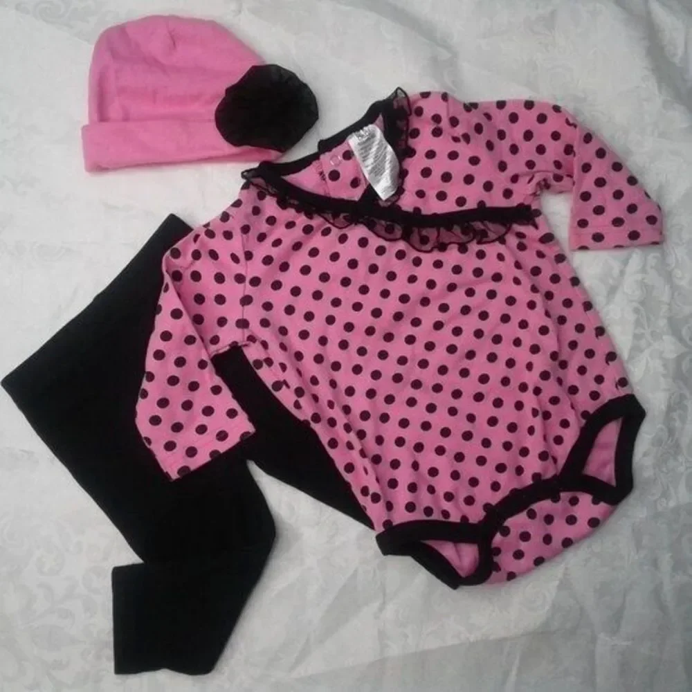 baby essentials Pink & Black 3pc Set Onesie Leggings Hat Polka Dots Ruffle 9Mo